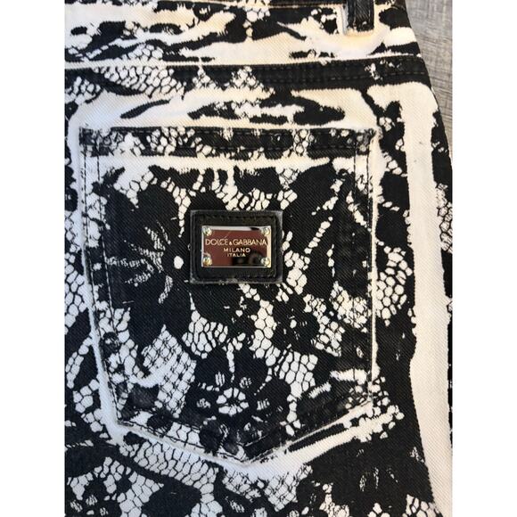Y2K Dolce & Gabbana Lace Print Skinny Jeans Blk Wht Low Rise XS IT28 Designer - Picture 6 of 10
